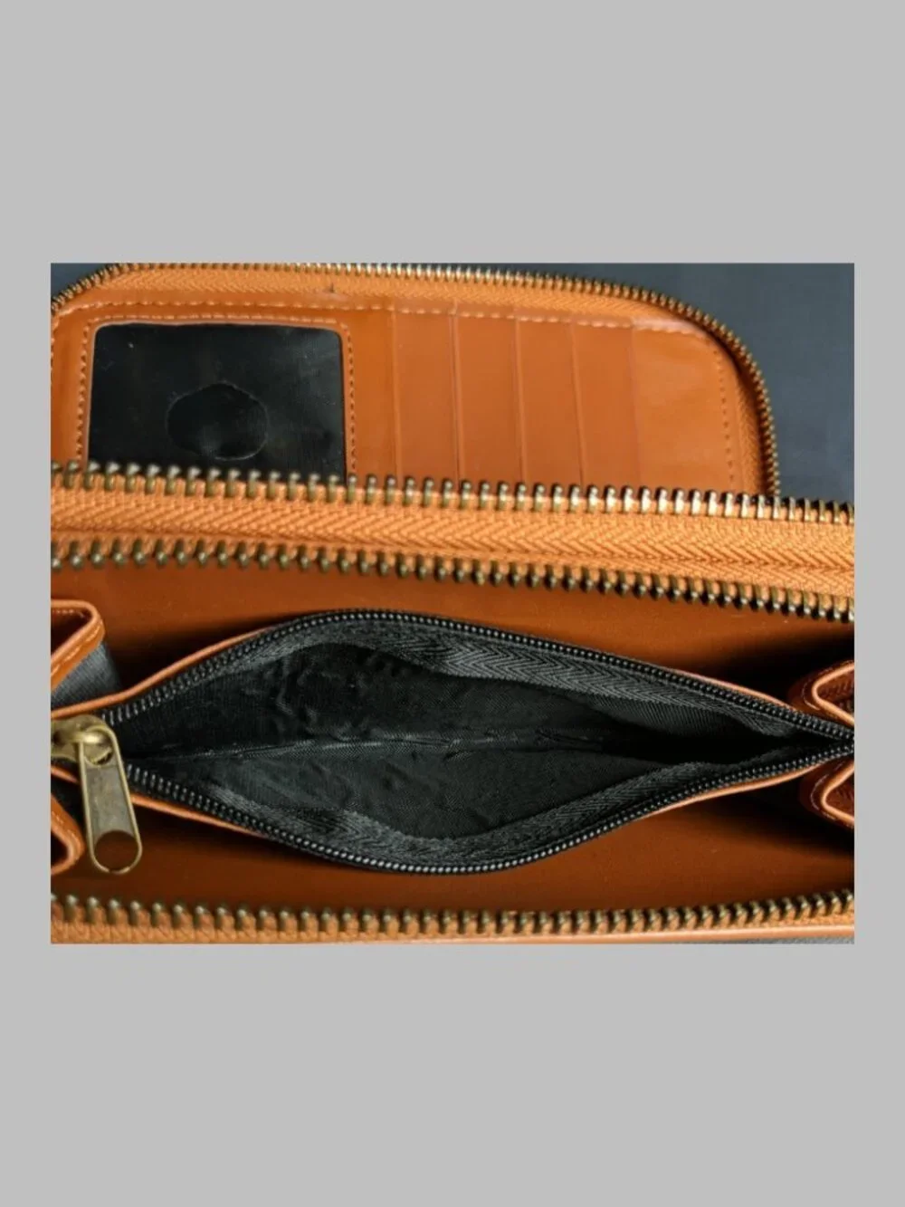 Brown Tan Woven Canvas Zip Around Wristlet Wallet Organizer Faux Leather Women
